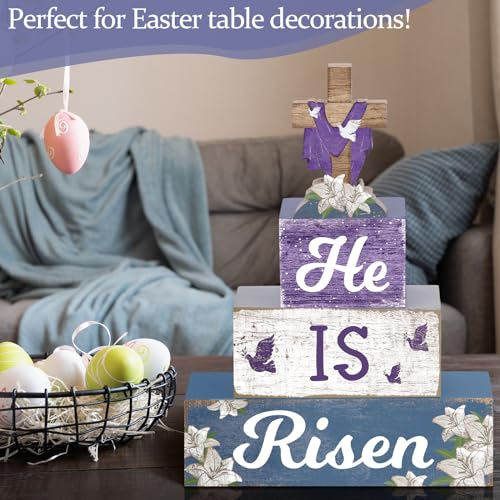 4 Pcs Easter Table Decorations He Is Risen Wooden Table Sign Religious Wood Centerpiece Easter Cross Blocks Farmhouse Tiered Tray Decor for Home Kitchen Shelf Decor(Cross) - style: Cross