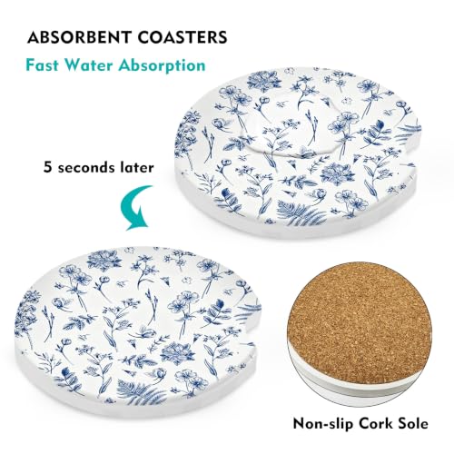 Car Coasters 2 Pack, Small 2.56" Stone Car Cupholder Absorbent Coaster with Cork Back for Women Men Coffee Drink Cup Coasters (Vintage Floral) - color: Vintage Floral