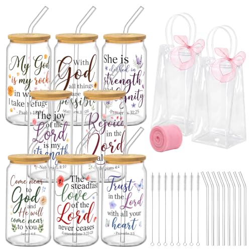 Iced Coffee Mugs, 8 Sets, Glass, 16 oz, Reusable, Floral Bible - color: Bible Verse