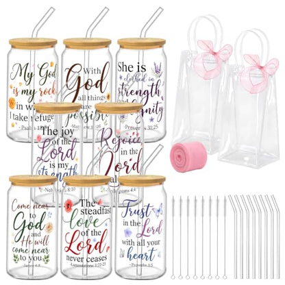 Iced Coffee Mugs, 8 Sets, Glass, 16 oz, Reusable, Floral Bible - color: Bible Verse