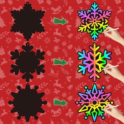 CY2SIDE 60PCS Snowflake Color Scratch Cards, Winter Snowflake Hanging Scratch Cards, Snowflake Magic Art Rainbow Color Paper Ornaments for Winter Christmas Party Supplies - style: Snowflake