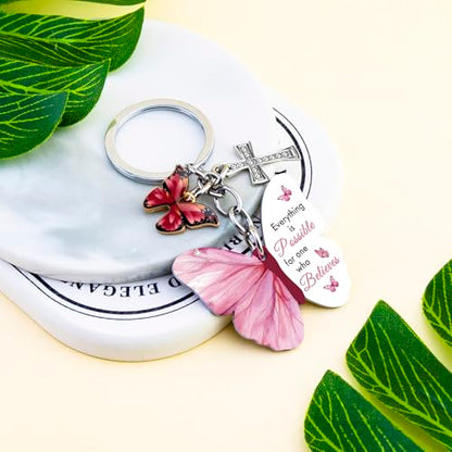 Butterfly Christian Keychain Women Cross Bible Verse Keychain Butterfly Purse Charm Inspirational Religious Gifts - color: Pink