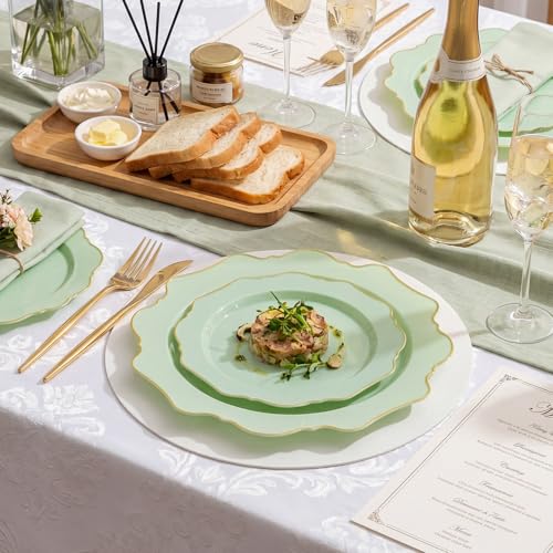 WDF 175Pcs Sage Green Plastic Plates With Gold Rim - Disposable Sage Green Plates 25guest Disposable Dinnerware Ideal for Party/Wedding/Holidays - color: Sage Green, size: 175 pieces