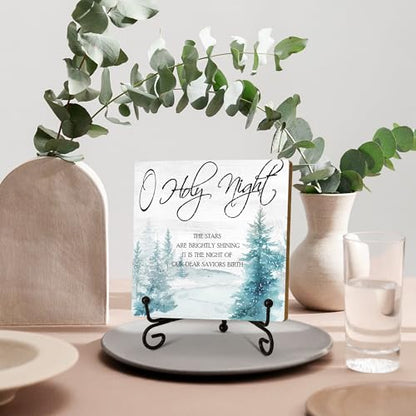 Holy Night Wooden Sign Decor, Christmas Scripture Quote Plaque, Rustic Wooden Plaque Sign With Iron Stand, Farmhouse Home Office Restroom Desk Shelf Decorations - style: Christmas