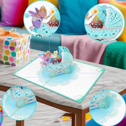 GREETING ART Welcome New Baby Boy Card, Baby Shower Card for Boy, New Baby Stroller Congratulations Cards - color: Baby Stroller Blue