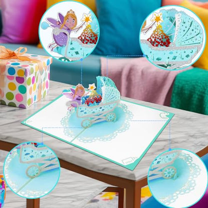 GREETING ART Welcome New Baby Boy Card, Baby Shower Card for Boy, New Baby Stroller Congratulations Cards - color: Baby Stroller Blue