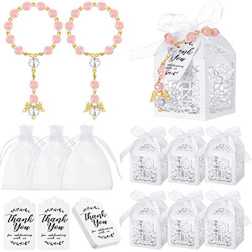 Sureio 100 Pcs Mini Rosary Baptism Favors with Angel, Boxes, Bags, Tags