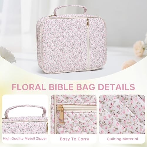 Bible Bag Cover Case for Women Study Supplies Kit Church Book Holder - color: Mini Pink Flower