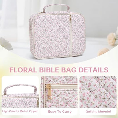 Bible Bag Cover Case for Women Study Supplies Kit Church Book Holder - color: Mini Pink Flower