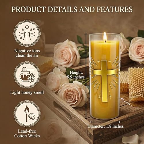 2 Pack 100% Pure Beeswax Pillar Candles in Glass Jar with Cross Design – Unscented, 80-Hour Long Burning, Dripless & Smokeless – Non-Toxic Candles for Prayer, Meditation & Religious Gifts