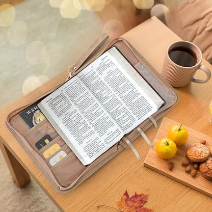 Bible Cover Case, Premium, Leather Carrying Case with Handle&Zippered Pocket for Standard Size and Bible Accessories, Large Bible Bag, Ideal Gift for Women Men Lady Girls