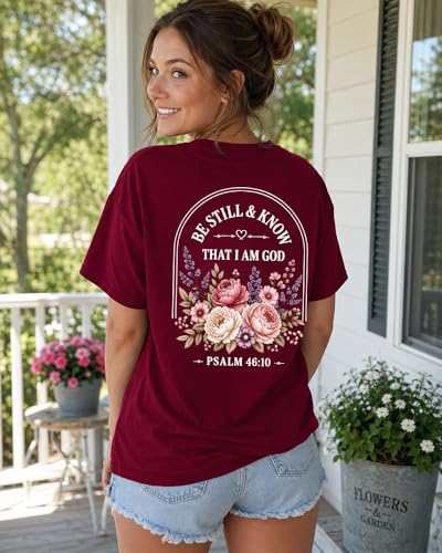Christian Shirt for Women Be Still and Know Psalm 46:10 Graphic T-Shirt - color: Claret-1, size: XX-Large