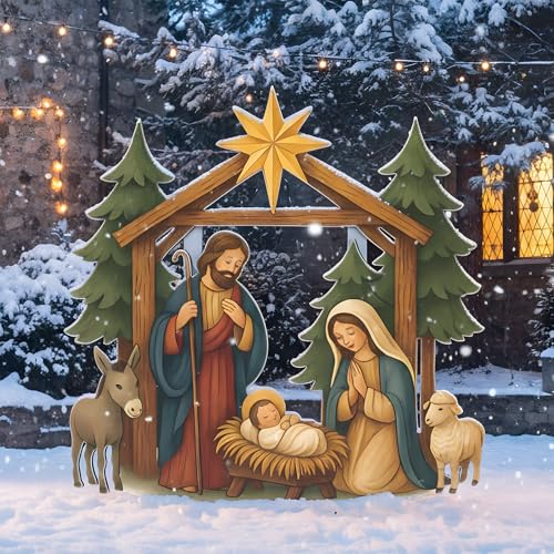 Cinnvoice Large Christmas Metal Yard Stakes Christmas Garden Stakes Waterproof Xmas Outdoor Yard Decor with Stake for Xmas Holiday Lawns Outdoor Decor(Nativity Scene) - style: Nativity Scene