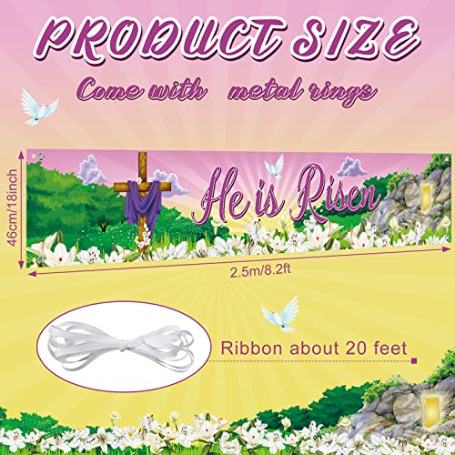Tatuo He Is Risen Banner Easter Day Banner Decoration Easter Religious Yard Sign Large Fabric Christian Cross Fence Sign Spring Photo Backdrop for Garden Indoor Outdoor Decor, 98 x 18 Inch