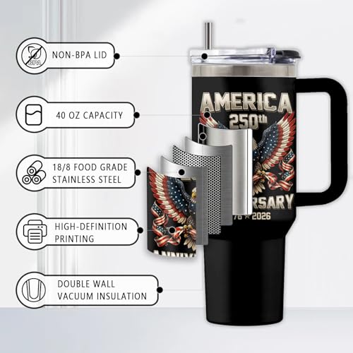 250th Anniversary 40oz Tumbler, with Handle Straw, Insulated Cup - color: Eagle250th