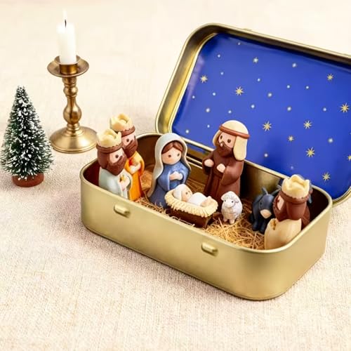 Handmade Miniature Christmas Nativity Set in Tin Box - Portable Pocket-Sized Manger Scene with Mary, Jesus, Shepherds Animals Figures - Hand-Paintedfor/Easter Gift