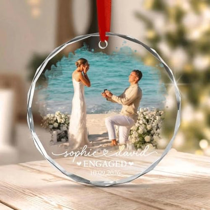 Personalized Engagement Photo Glass Ornament, Engaged Couples Photo Gift, Wedding Ornament, for Couple - color: Ds 07