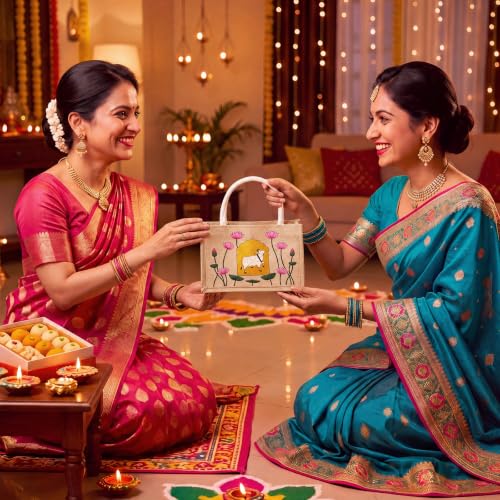 Happy Diwali Return Gift Bags, Pichwai Tote Bags - style: Gold Leaf