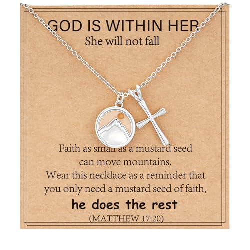 Mustard Seed Cross Necklace for Teen Girls Women, Moving Mountains Faith Christian Religious Birthday Jewelry Gifts - color: Silver
