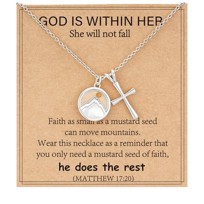 Mustard Seed Cross Necklace for Teen Girls Women, Moving Mountains Faith Christian Religious Birthday Jewelry Gifts - color: Silver