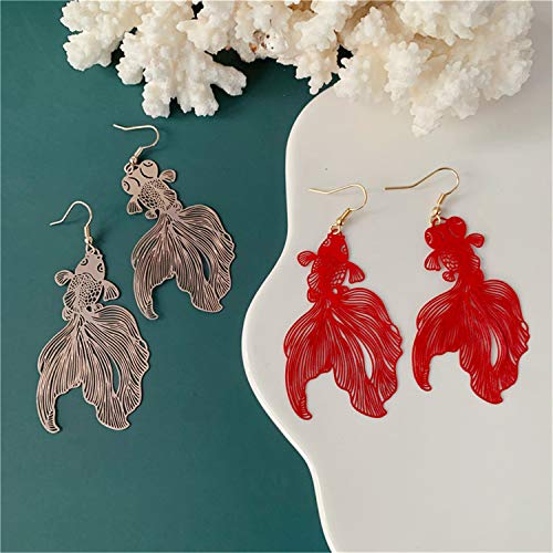 Unique Chic Lightweight Hollow Fish Dangle Drop Hook Earrings Charm Pink Red Asymmetry Goldfish Dangle Earrings For Women Girls Statement Jewelry Gifts - color: Pink