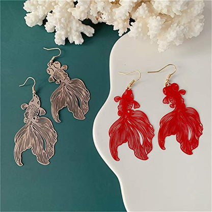 Unique Chic Lightweight Hollow Fish Dangle Drop Hook Earrings Charm Pink Red Asymmetry Goldfish Dangle Earrings For Women Girls Statement Jewelry Gifts - color: Red
