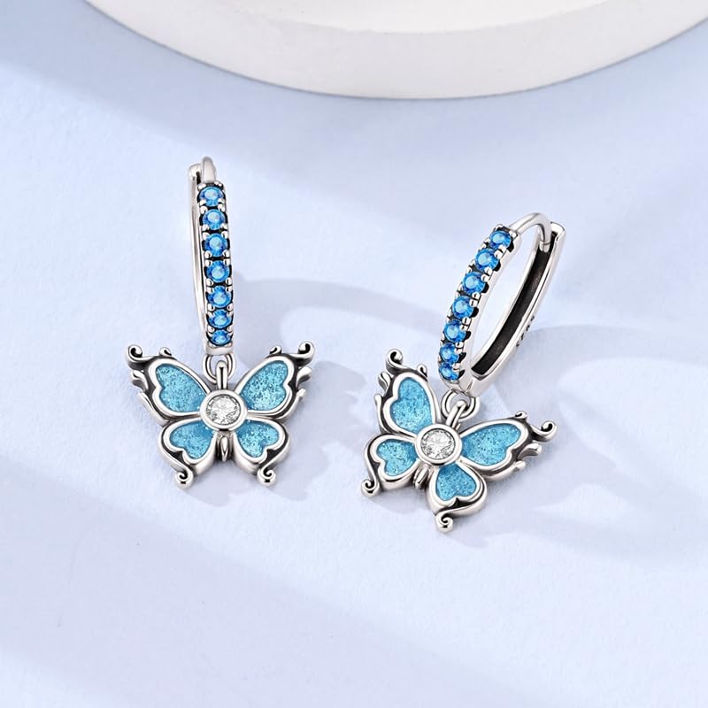 925 Sterling Silver Cute Animal Unique Huggie Hoop Earrings for Women - color: Blue Glitter Butterfly