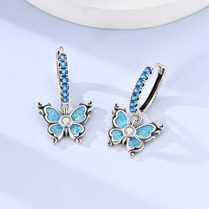 925 Sterling Silver Cute Animal Unique Huggie Hoop Earrings for Women - color: Blue Glitter Butterfly