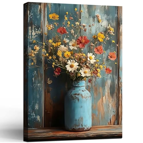 Framed Oil Painting Style Print Antique Metal Vase Wildflowers Pattern Background Rustic Vintage Floral Art Farmhouse Decor Rustic Wall Art Floral Mural Home Decor Gallery Poster 12x16 Inch - color: Light blue yellow, size: 12"x16"