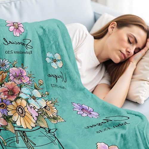Christian Gifts for Women, Aqua Christian Blanket with Flowers 80''x 60'' - color: Aqua, size: 80"x60"