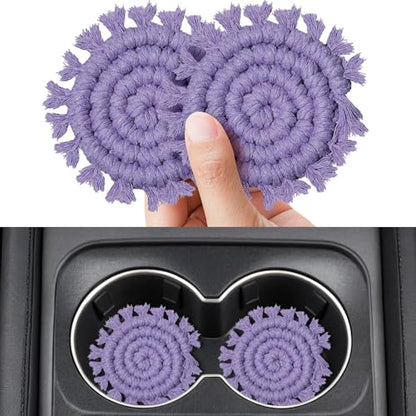 Cotton Car Coasters for Cup Holders, 2 Pack Car Cup Coasters, Drink Coaster Holder Cute Boho Macrame Cupholder Coaster Accessories for Women-3 inch (Purple) - color: Purple