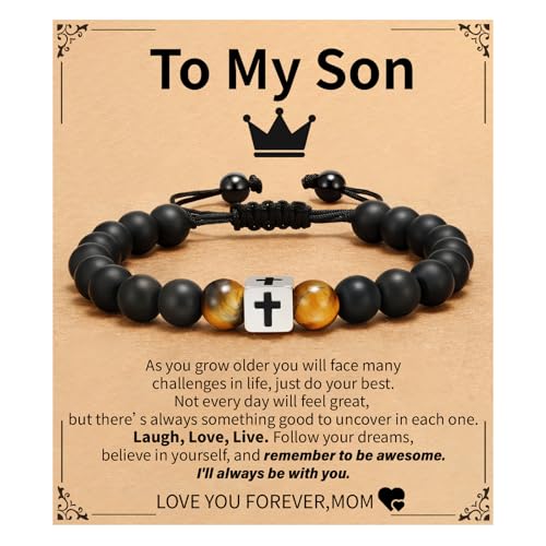 Cross Bracelet Beads Christian Bracelet for Boys Birthday Religion Gifts - style: To My Son from Mom