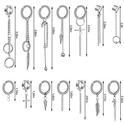 ONESING 20-25 Pcs Clip On Earrings for Men - Dangle Hoop Sterling Non Pierced Fake Piercings - Stainless Steel Silver - color: Silver-20pcs