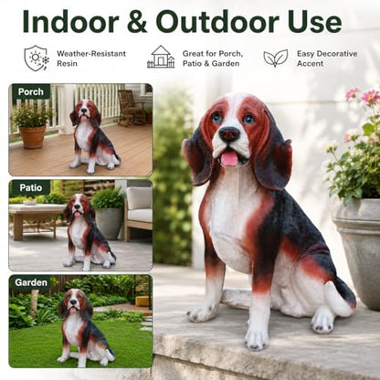 Realistic Sitting Beagle Dog Garden Statue - color: Black, White, Grey