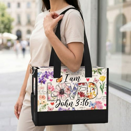 Christian Tote Bag for Women Bible Study Church Faith Organizer - color: I Am Loved