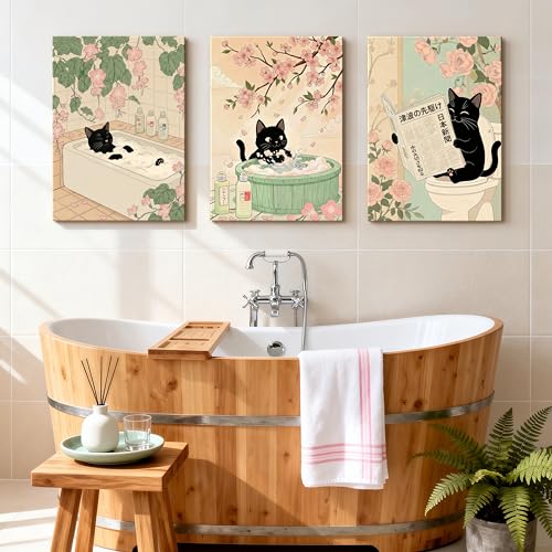 WENGTIAO 3Pcs Japanese Funny Black Cat Bathroom Wall Art Prints 16"x24" - color: Black Cat Bathroom, size: 16"x24"x3Pcs