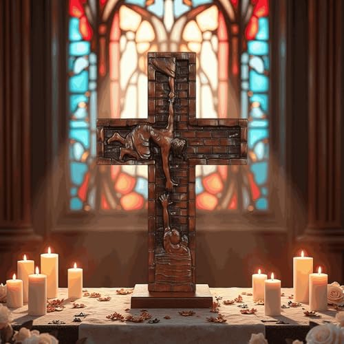 Texphw Wood Cross - Christian Hanging Wall Mantel Decor with Blessed Jesus Design Enrich Your Home Prayer Room or Church with Religious Art Gifts Ideal for Christmas Table Decor and Wall Art, 15in - size: 15"L x 9.5"W