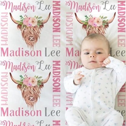 Personalized Baby Blanket, Pink Highland Cow Name Blanket for Girls, Floral Cow Newborn Swaddle, Cute Farm Babys Gift, Baby Blankets with Name, Baptism, Monogram 30"X40", 40"X50" - color: Pink Highland Cow