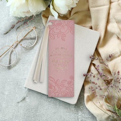 Christian Art Gifts Premium Faux Leather Bookmark: Under His Wings - color: Pink Floral/Under His Wings