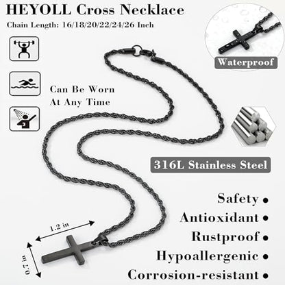 Cross Necklace for Boys Mens Stainless Steel Twisted Rope Chain Cross Pendant Rustproof Necklace for Teen Boy Mens Christian First Communion Confirmation Gifts for Boys - color: Black