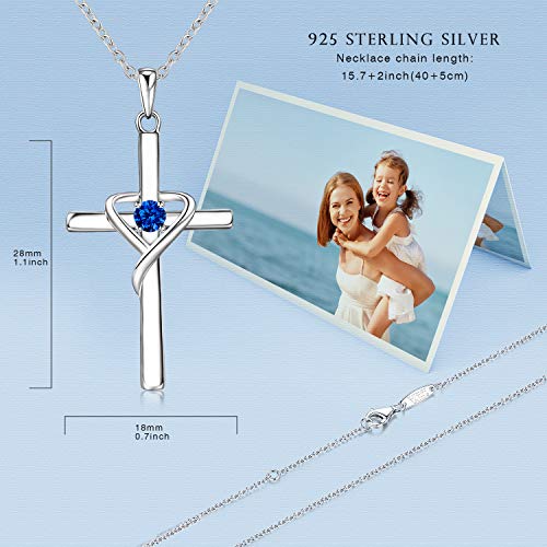 AmorAime 925 Sterling Silver Cross Necklace for Women Men 14K Gold Plated 5A CZ Birthstone Necklaces for Holiday - color: I.Dark Blue-September-Sapphire