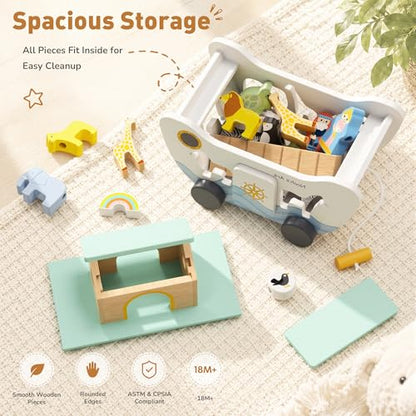 GiggleGems Noah's Ark Wooden Toy - All-in-1 Push Pull Shape Sorter for Toddlers - Montessori Animal Matching Set - Baptism Christening Gift for Birthday, Religious Toys for Boys Girls (18M+)