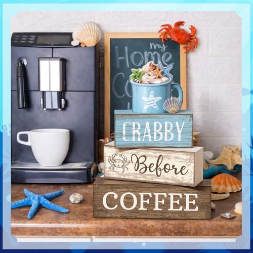 Lineshading 4 Pcs Coffee Beach Decor Wooden Blocks, Coastal Tiered Tray - style: Beach Coffee