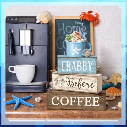 Lineshading 4 Pcs Coffee Beach Decor Wooden Blocks, Coastal Tiered Tray - style: Beach Coffee