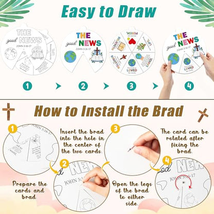 COcnny Religious Christian Craft Activities - 24 Sets John 3:16 Coloring Crafts for Kids, Color Your Own Bible Wheel Cards, DIY Jesus Biblical The Good News Art Paper Game for Sunday School Class Home - style: The Good News