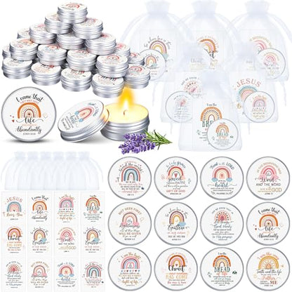 Yuntau 48 Pack Christian Scented Candle Bulk Bible Verse Candle with Scripture Cards Gift Bags 0.3 oz Religious for Women Church Baptism Prayer Party Guest(Boho,Rainbow)