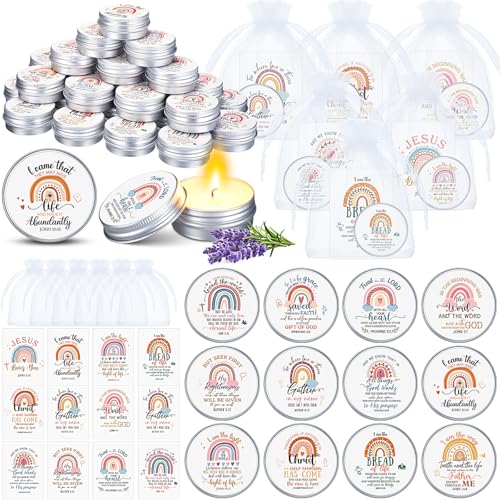 Yuntau 48 Pack Christian Scented Candle Bulk Bible Verse Candle with Scripture Cards Gift Bags 0.3 oz Religious for Women Church Baptism Prayer Party Guest(Boho,Rainbow)