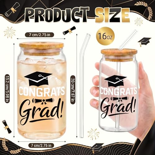 Glass Cups with Lids and Straws, 4Pack, 16oz, Graduation Grad - color: Happy Graduation
