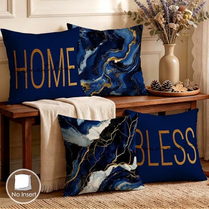 OBSEDE Blue Gold Marble Home Bless Throw Pillow Covers 18x18 in Set of 4 - color: Blue Marble With Faith Quotes, size: 18" x 18" (Pack of 4)