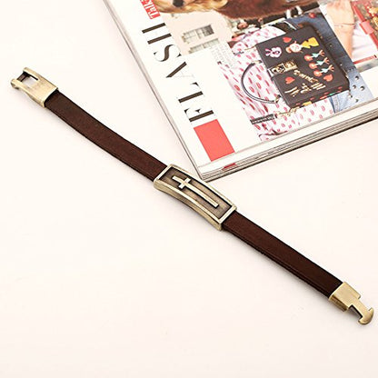 Men Punk Alloy Leather Bracelet Cross Bracelet Bangle Wristband - color: Brown